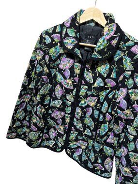 R.Q.T. Vintage 90's Quilted Oriental Fan Pattern Black Jacket  Full Zip Front Li